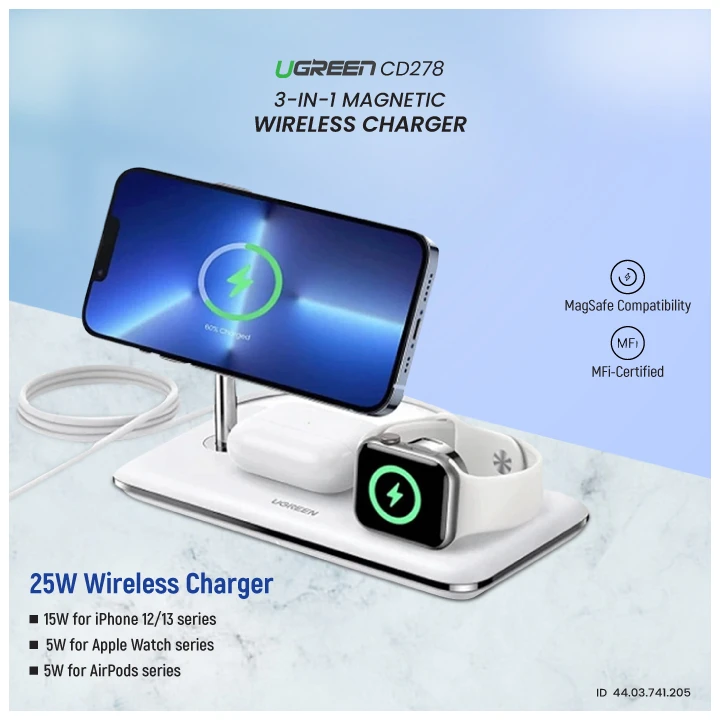 Ugreen CD278 (90326) 25W Qi 3-in-1 Magnetic Wireless White Charger