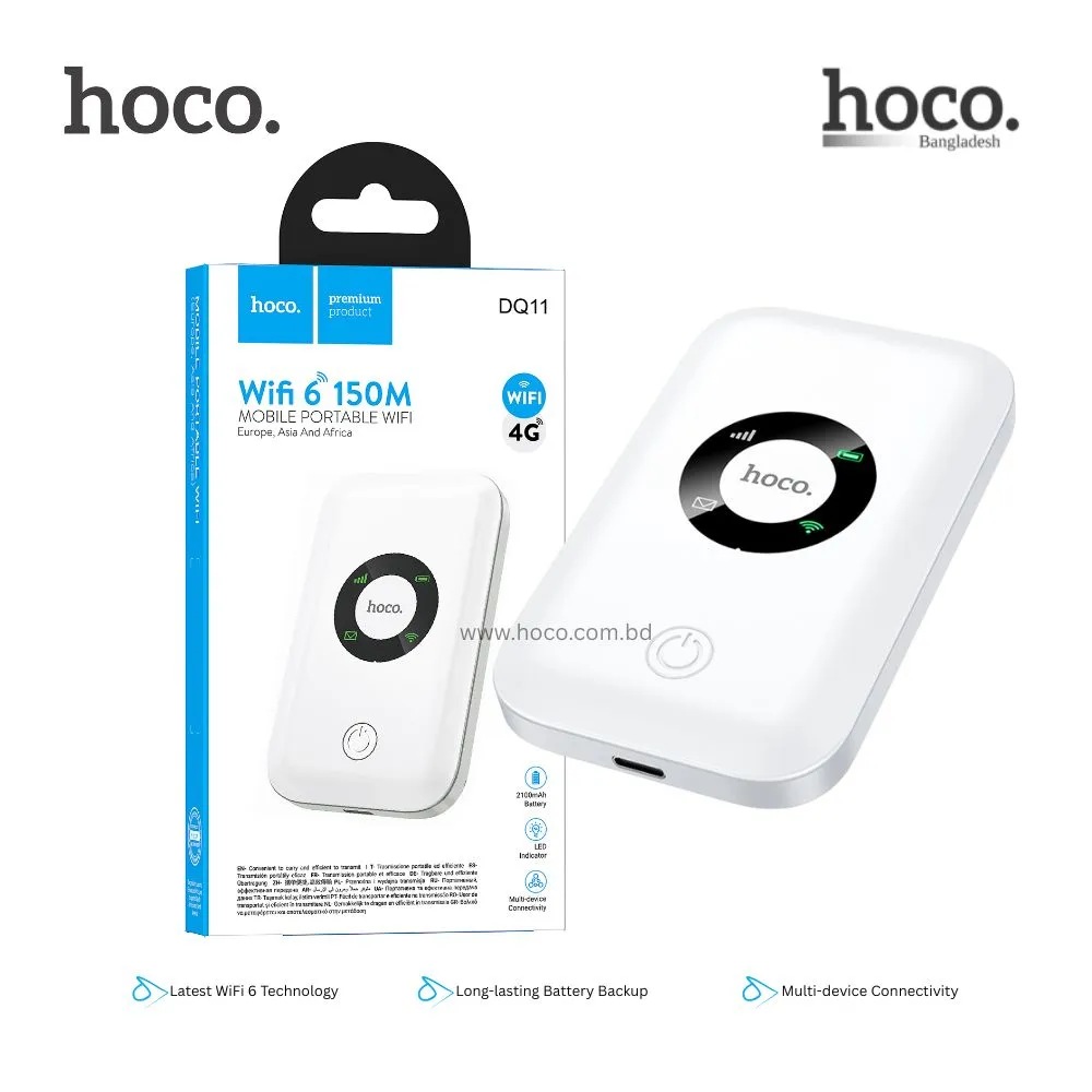Hoco DQ11 4G Pocket Router WiFi 6 | 12-Hour Backup | Supports All BD SIM